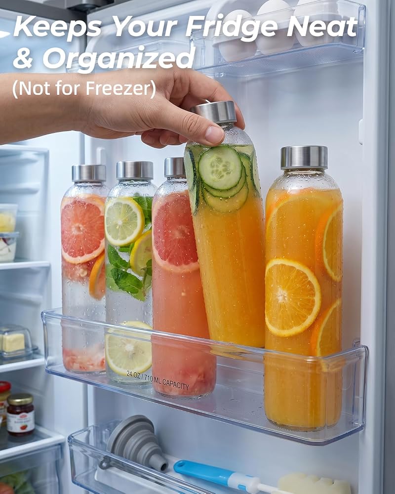 24 oz Clear Glass Juice Bottles with Stainless Steel Lids - 4 Pack (Variation: 24.0 fl oz, Silver Lids)