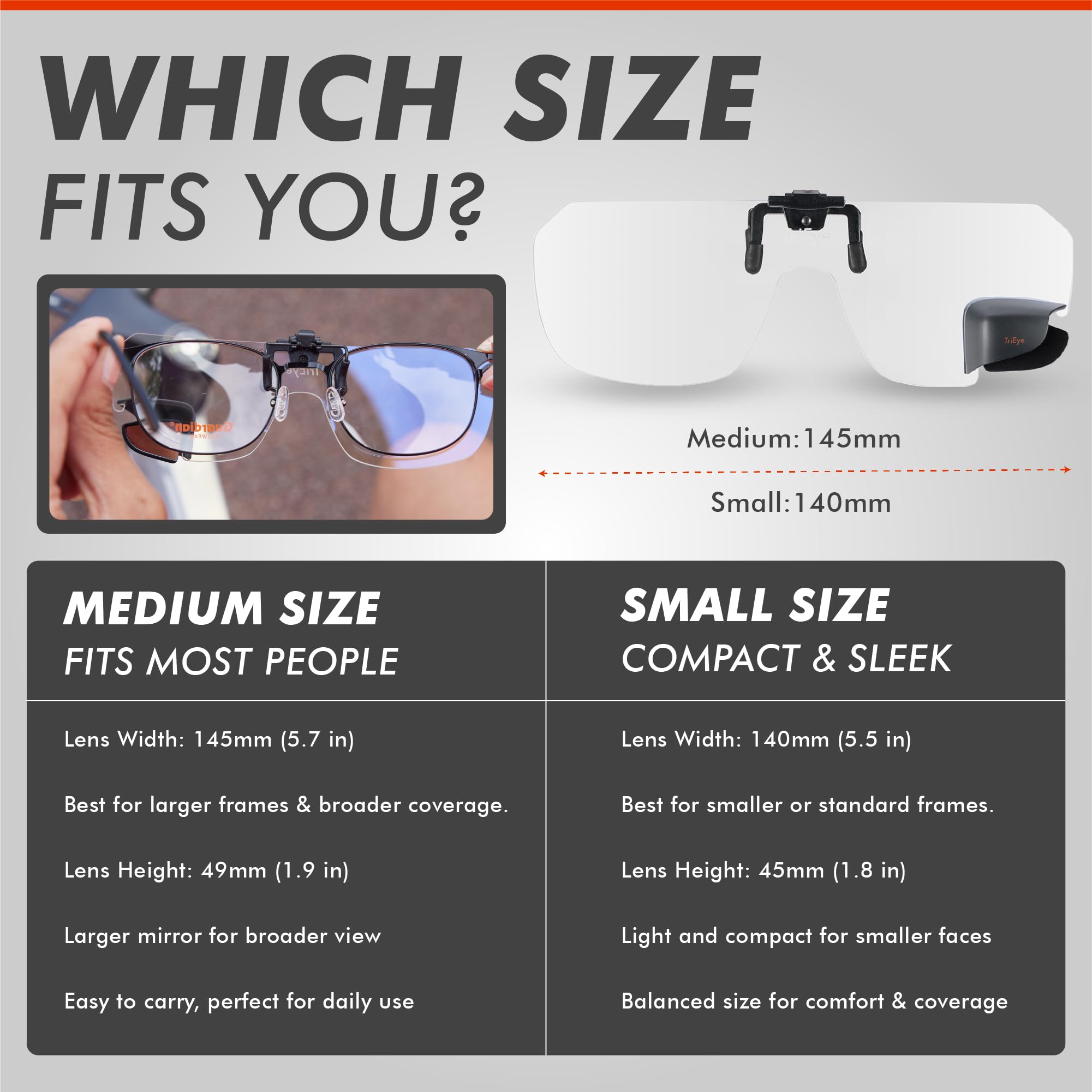 TriEye View Clip On Sunglasses with Rear View Mirror – Clip On Sunglasses Over Prescription Glasses, Flip Up Cycling Eyewear for Men & Women – Clear Lens, 145mm Fit