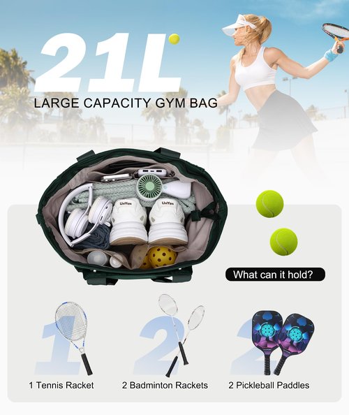 Kasqo Tennis Bags for Women, Large Water Resistant Pickleball Tote Bag Men 2 Rackets Lightweight Crossbody Shoulder Bag for Gym Sport Green