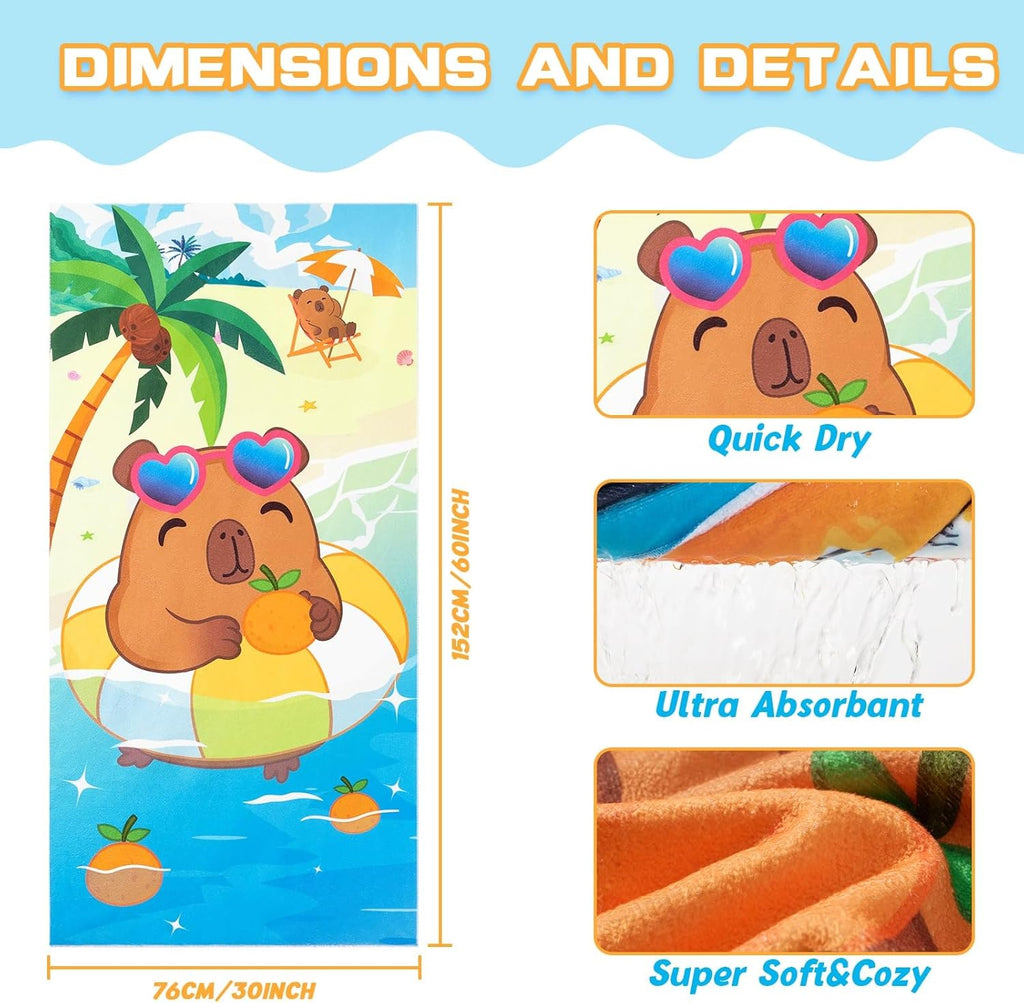 WERNNSAI Kids Beach Towel - Quick Dry, Sand-Free Capybara Design | 30” x 60” Soft Travel Towel