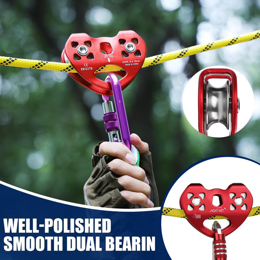 Zipline Pulley 25KN Aluminum Alloy Climbing Zip Line Pulley Stainless Steel Climbling Pulleys for Cable & Rope Rescue Climbing Hauling Backyard Zipline Outdoor Activities