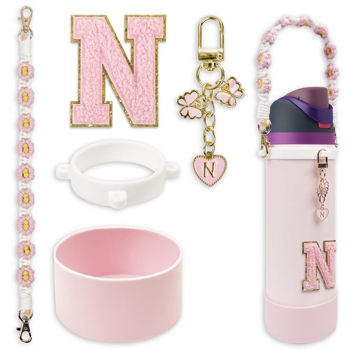 Silicone Boot Cute Monogram Set Compatible with Owala Water Bottle 24 oz - Perfect Letter Owala Accessories for Owala Tumbler, Owala Free Sip, Pink Owala, Black Owala, owala coffee tumbler (Pink, N)