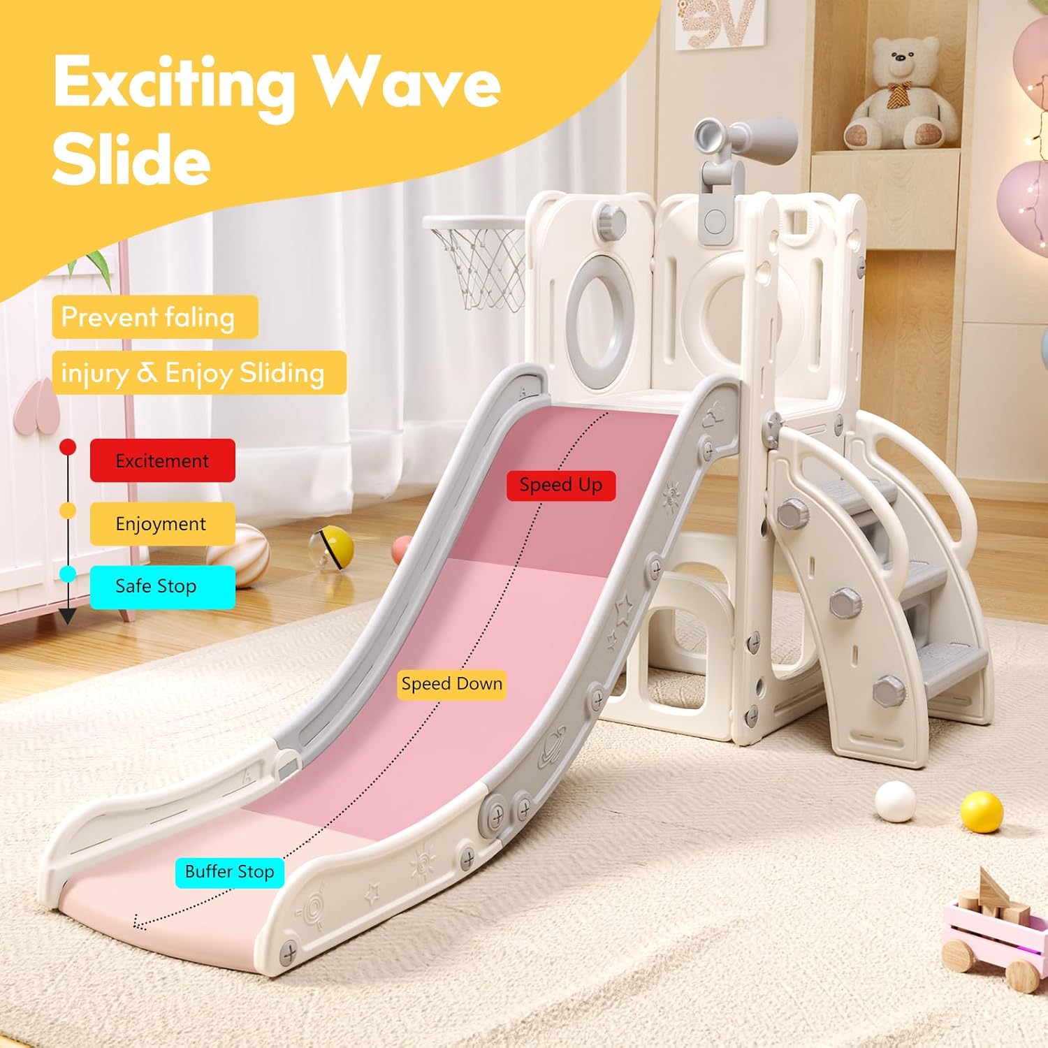 Skiennix 6-in-1 Toddler Playset - Versatile Slide with Basketball Hoop & Ring Toss | Indoor/Outdoor Fun