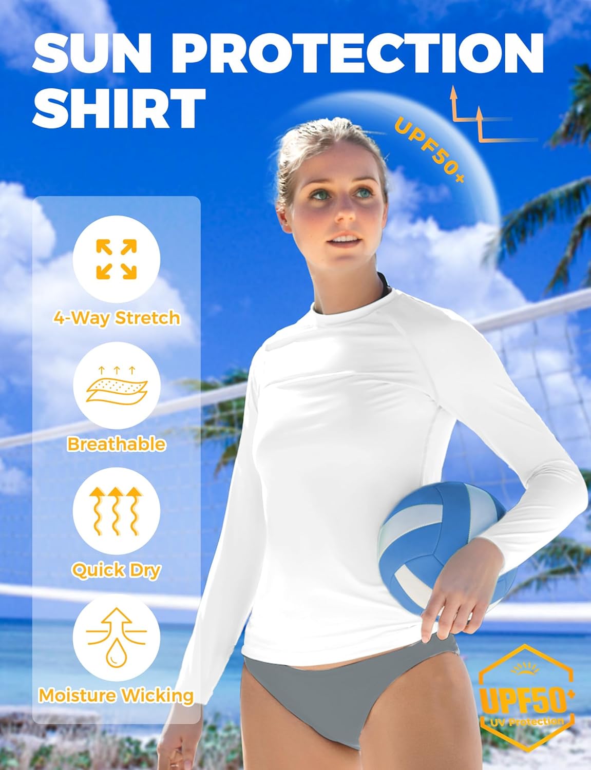 Skiennix Rash Guard for Women - UPF50+ Long Sleeve UV Protection Shirt | Quick Dry for Hiking & Swimming (Large, White)