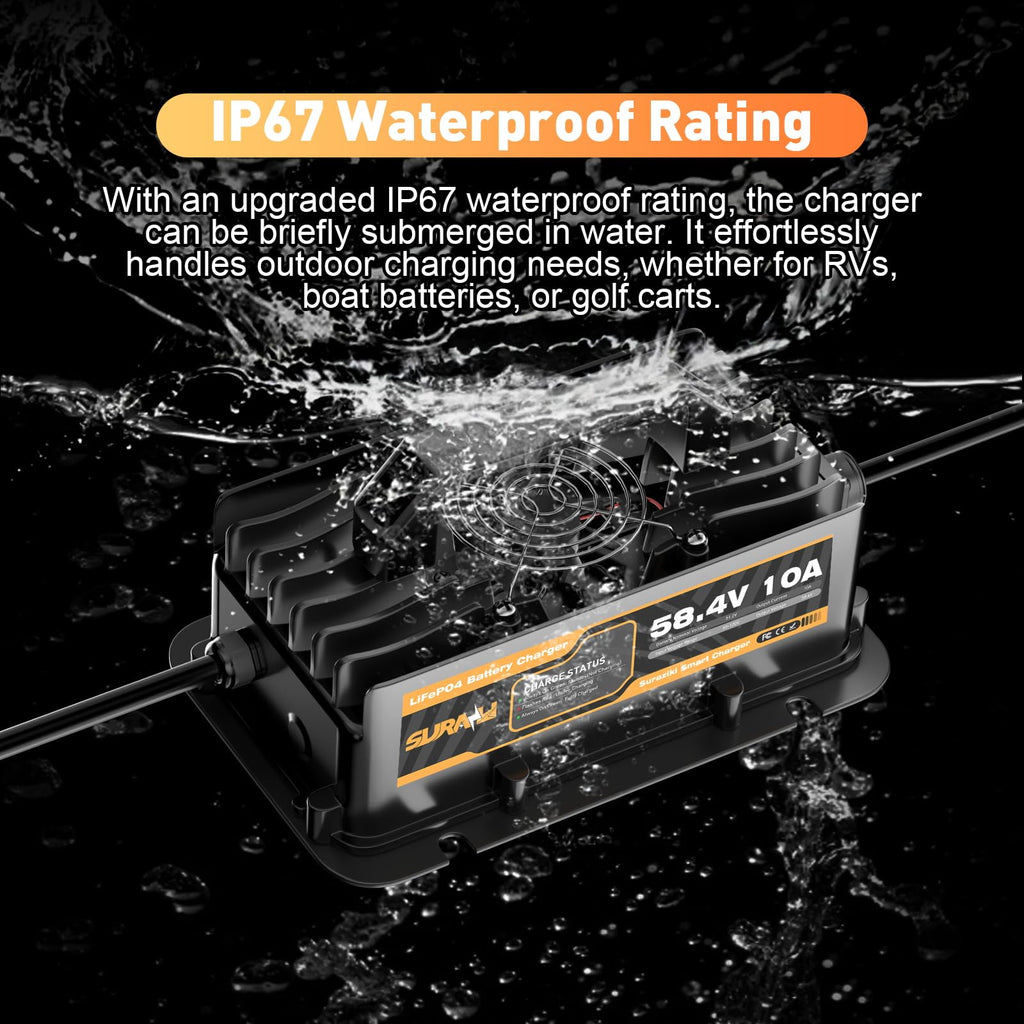 Suraziki 48Volt 10Amp Lithium Golf Cart Battery Charger-58.4V Onboard Battery Charger for 51.2V 16S LiFePO4 Battery with Ring Terminals Plug