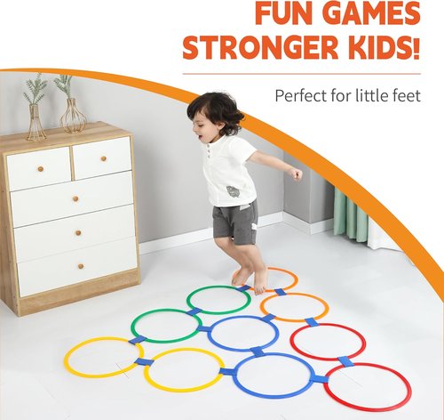 Hopscotch Rings - 10 Round Hoops (11-Inch) + 15 Connectors | Agility Rings for Kids, Enhance Gross Motor Skills
