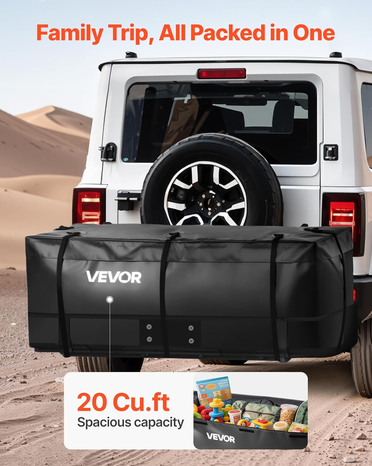 VEVOR Hitch Cargo Carrier Bag, Waterproof 840D PVC, 59.84 x 24.02 x 24.41 in (20 Cubic Feet), Heavy Duty Cargo Bag for Truck Bed Storage with 6 Reinforced Straps, Suitable for Car Vans Hitch Basket