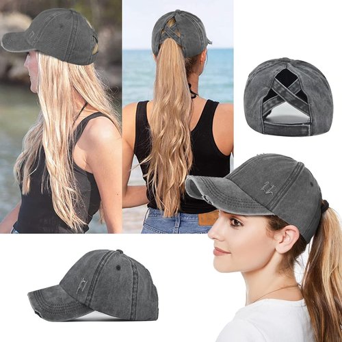 2 Packs Distressed Ponytail Hat for Women Criss Cross Hat Baseball Cap Pony Tail Caps High Bun