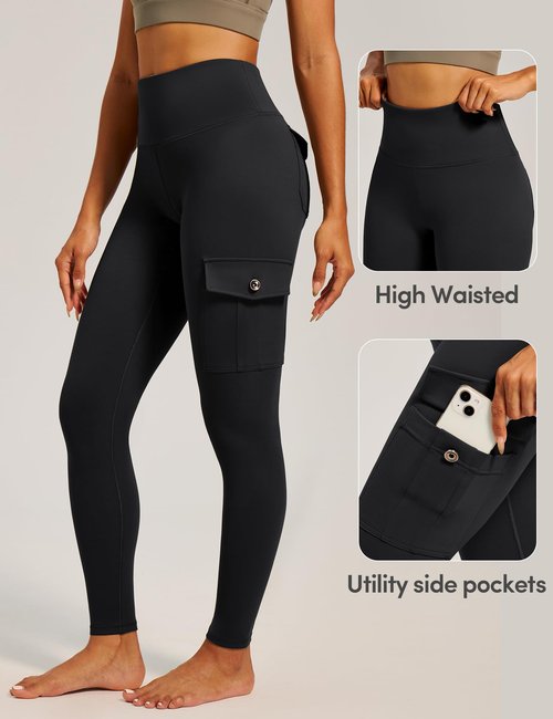 IUGA Butt Lifting Leggings for Women High Waisted Workout Cargo Leggings with Pockets Gym Yoga Pants Tummy Control Black