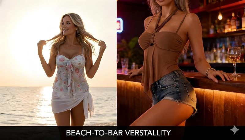 B2prity Women's Tankini Swimsuit with Tummy Control & Mesh Top - Black, Large