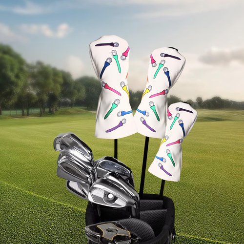 Andux 3pcs/Set Tee Pattern PU Golf Wood Club Head Covers 460cc Driver Covers with Long Neck White