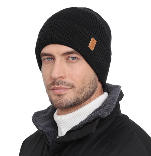 Wmcaps Merino Wool Fleece Lined Beanie Winter Hats for Men Women, Warm Thermal Kint Cap for Outdoor Black