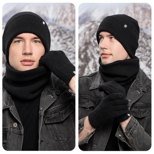 Warm Winter Beanie Hat & Scarf Gloves Set Stylish Knit Skull Cap for Men Women (17 Black, One Size)
