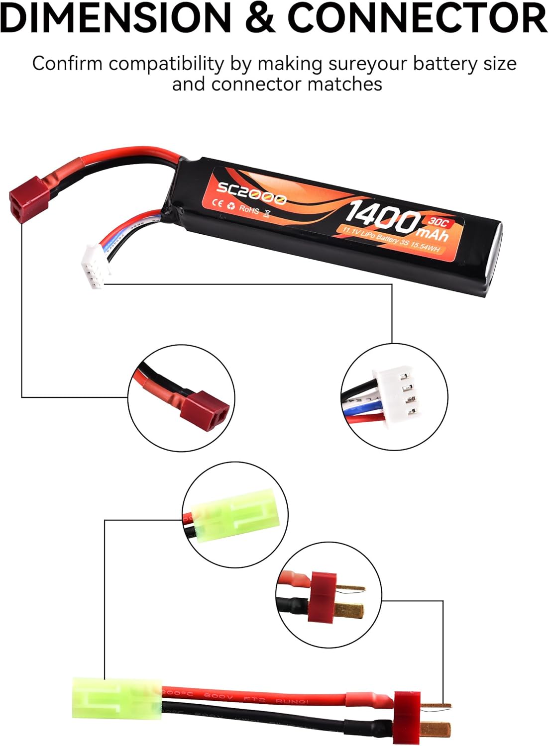 RunCam 11.1V LiPo Battery - Rechargeable 1400mAh 30C Stick Battery with T Plug & Mini Tamiya Cable for Airsoft Guns