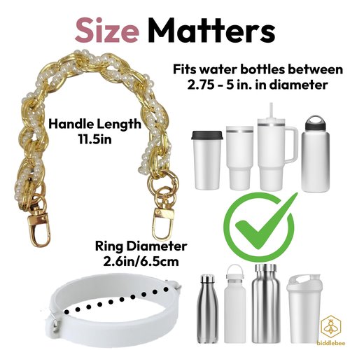 Biddlebee Tumbler Handle & Strap with Gold Chain and Pearls – Designer-Inspired Cup Holder for Stanley, Owala, Hydroflask – Carrying Strap for Water Bottles, Mugs, Strollers, Bags – Posh Pearl