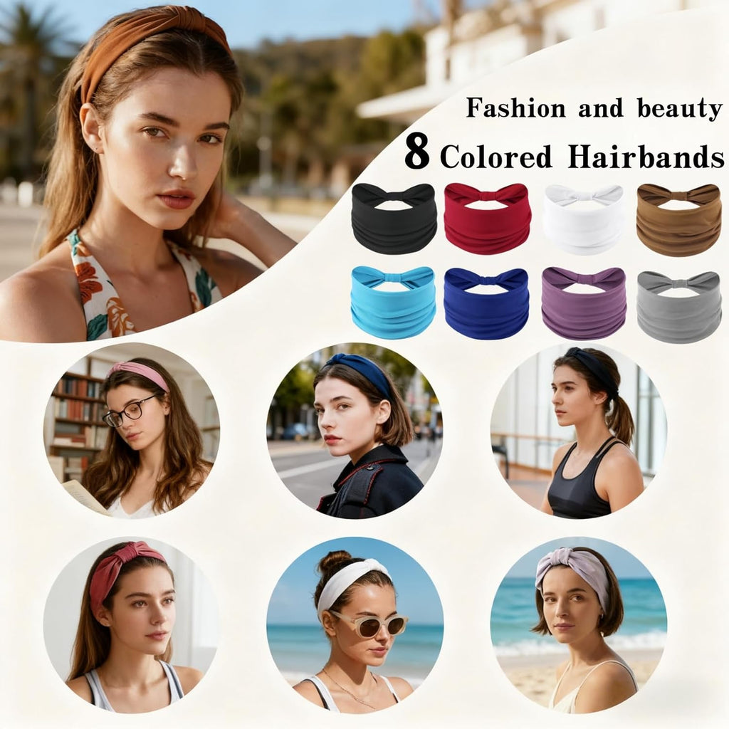 Skiennix Wide Elastic Headbands - Soft Knotted Hair Bands for Makeup & Sports | 8-Pack Non-Slip Design