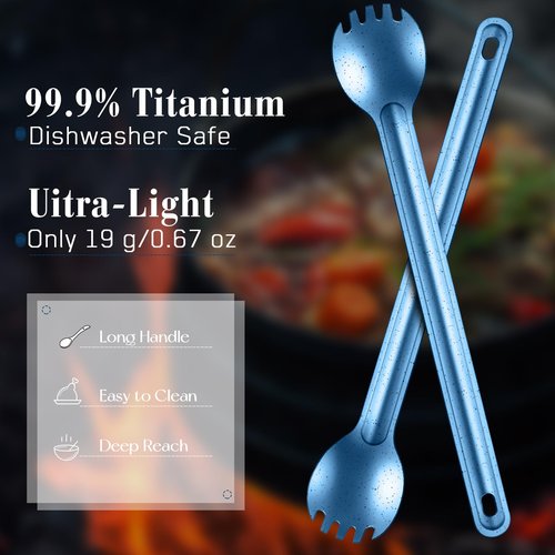 Kritkin 4 Pieces Titanium Long Handle Spork and Spoon Ultralight Portabale Flatware 8.7 Inch Soup Spoon Camping Spork for Outdoor Camping Backpacking Hiking Travel Picnic Tableware (Blue)