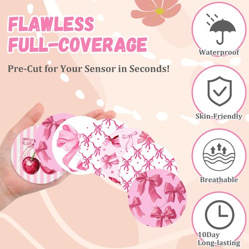 Geiserailie 30 PCS Adhesive Patch Compatible with Dexcom G7 Pre-Cut Flowers Pink Bow NO Glue in The Center Sensor Cover for Continuous Glucose Monitor Long Fixation Flexible Breathable