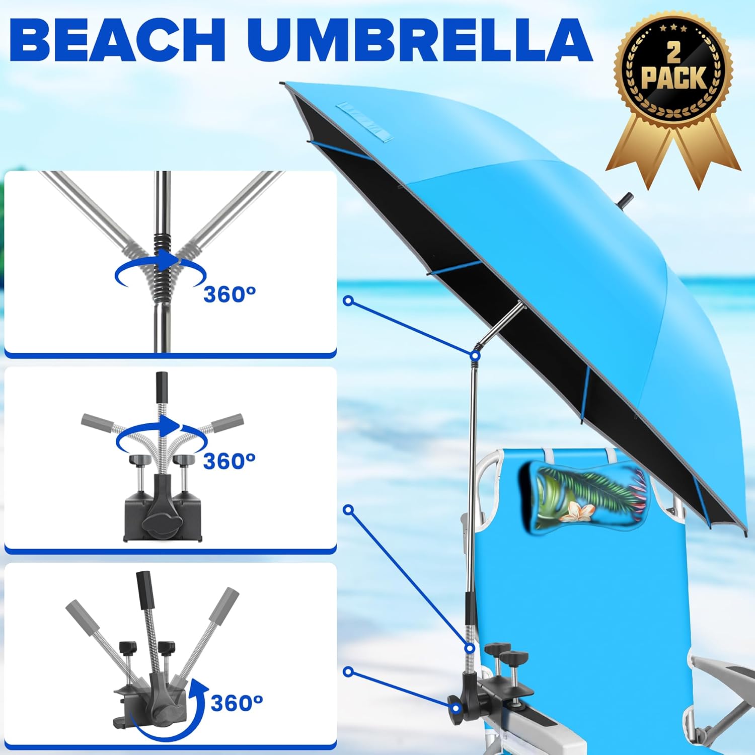 Skiennix Beach Umbrella - 2-Pack 48.7-Inch Adjustable Chair Umbrellas with UV Protection | Perfect for Camping and Golf Carts