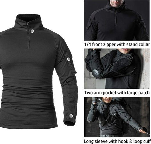CARWORNIC Men's Tactical Combat Shirt - 1/4 Zipper Long Sleeve Camo Military Tee