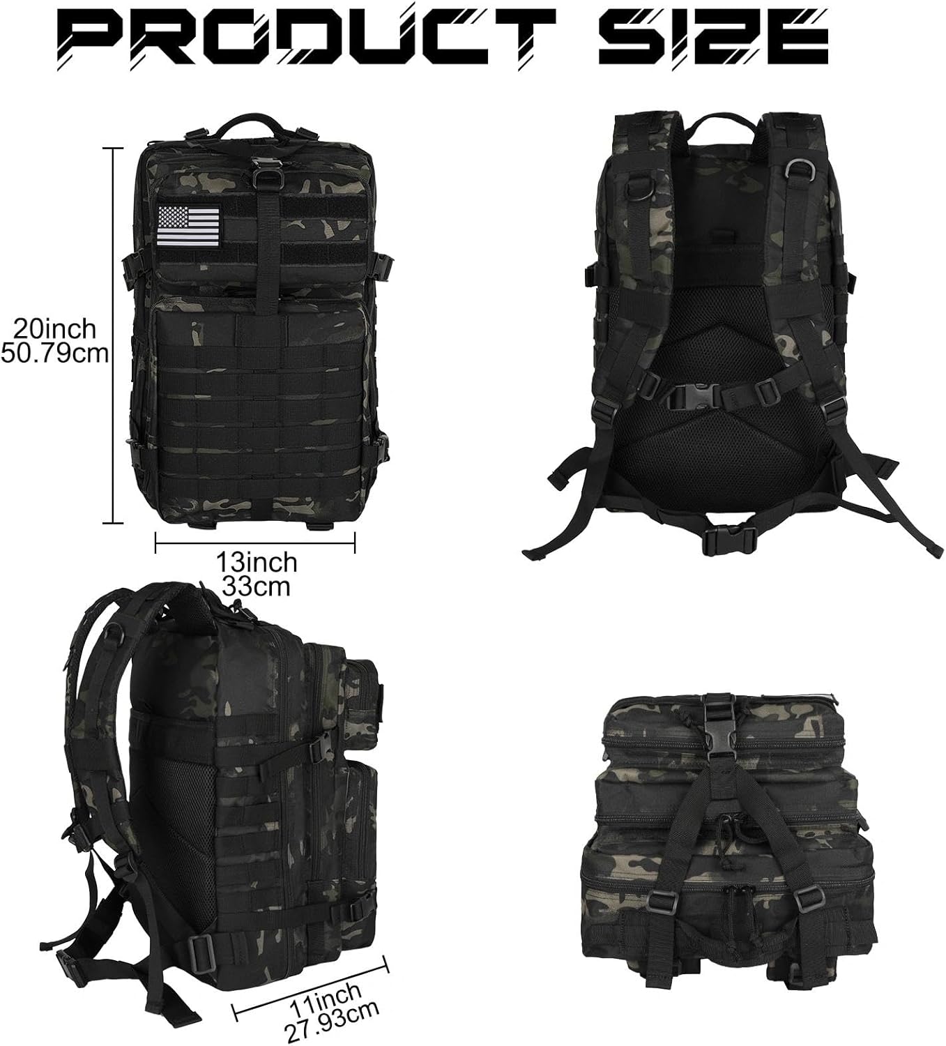 WOLT Military Tactical Backpack - 45L Molle Assault Pack | Heavy-Duty Rucksack for Hiking & Gym, Camouflage Black