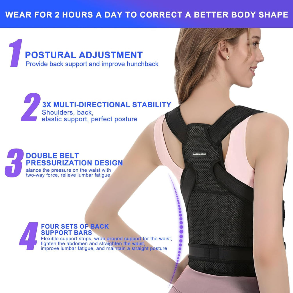 Skiennix Posture Corrector - 2-in-1 Adjustable Back Brace with Shoulder Support for Pain Relief
