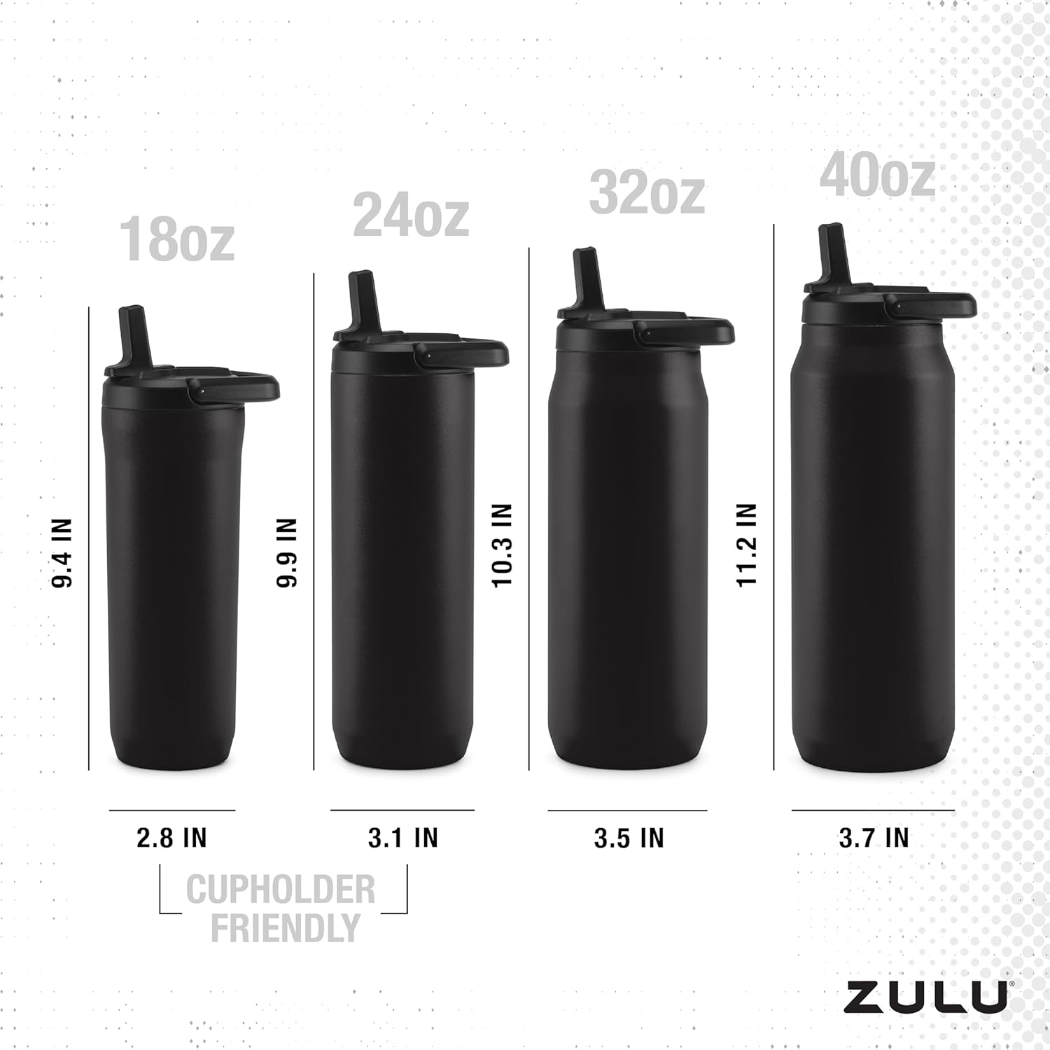 ZULU Base 32oz Stainless Steel Water Bottle - Double Walled, Vacuum Insulated | 3 Lids Included, Black