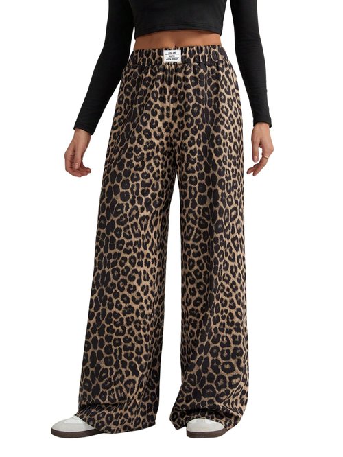 GORGLITTER Women's Leopard Pants Cheetah Print Wide Leg Elastic High Waisted Baggy Sweatpants Brown X-Large
