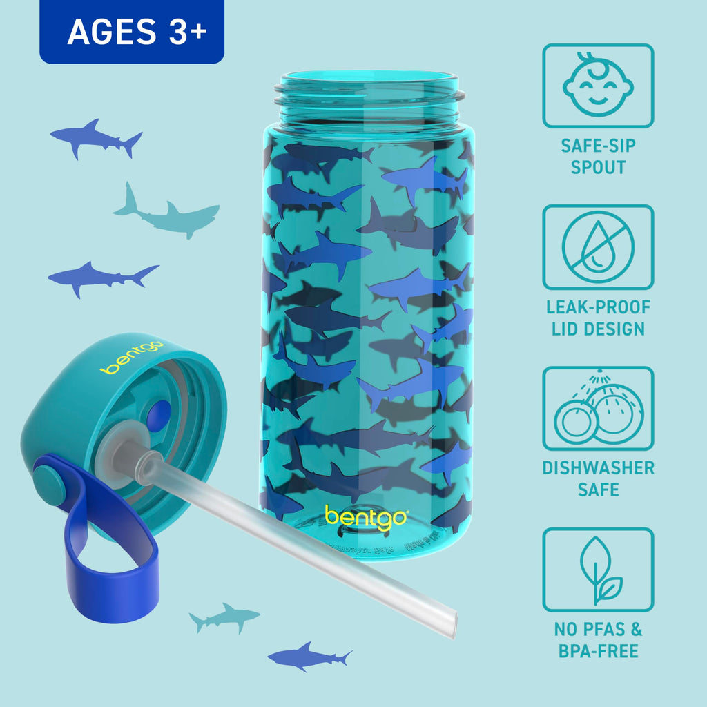 Bentgo Kids Water Bottle - Leak-Proof, Durable Tritan PFAS- & BPA-Free 15 fl oz, Kids/Toddlers Ages 3+ for School & Sports; Bite & Sip Spout, Carrying Handle, Dishwasher Safe (Sharks)