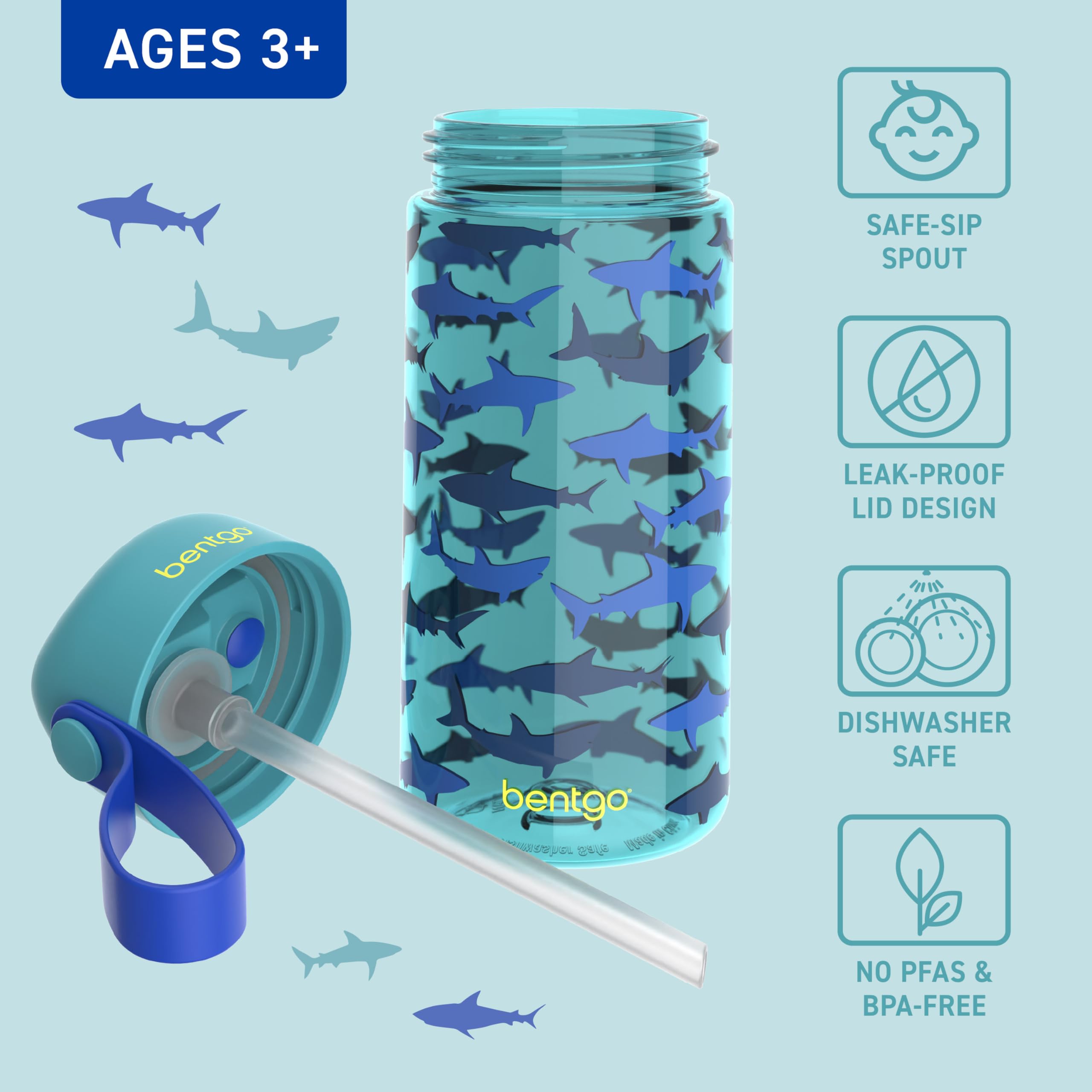Bentgo Kids Water Bottle - Leak-Proof, Durable Tritan PFAS- & BPA-Free 15 fl oz, Kids/Toddlers Ages 3+ for School & Sports; Bite & Sip Spout, Carrying Handle, Dishwasher Safe (Sharks)