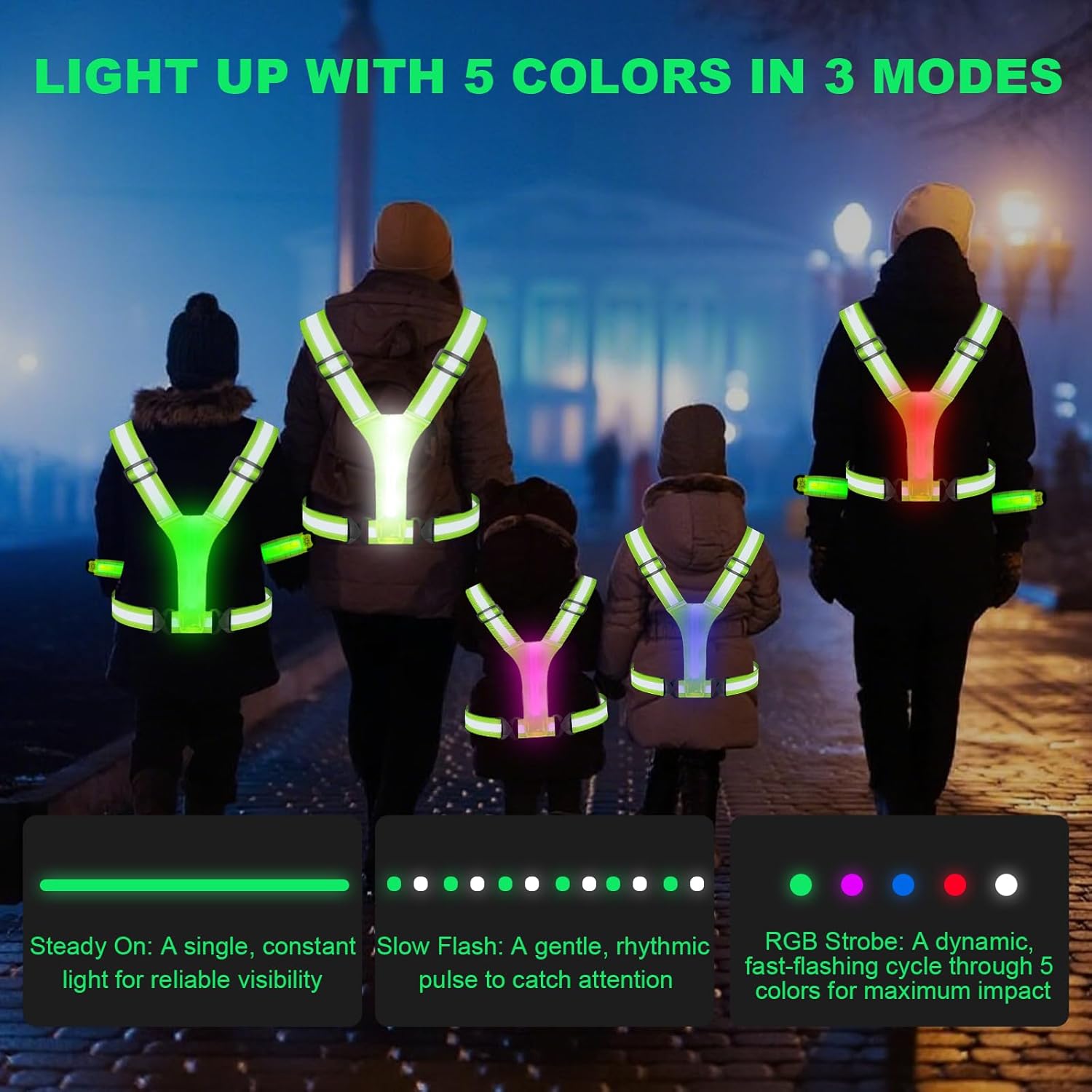 Skiennix Reflective Running Vest - Rechargeable LED Armband for Night Safety | Adjustable Size for All Ages