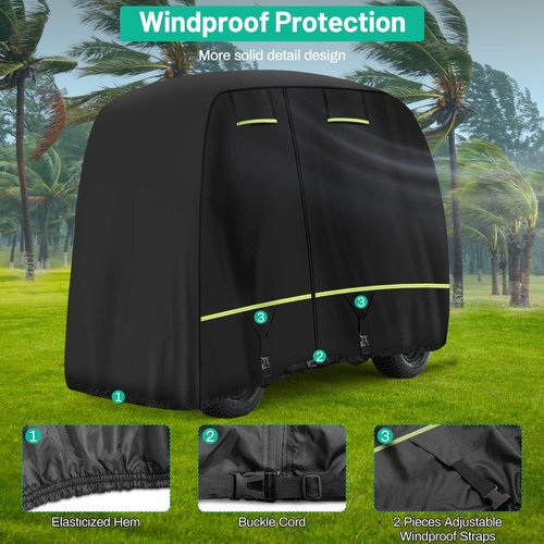 Golf Cart Cover Fits EZGO, Club Car, Yamaha Most 4 Passenger/ 2 Passenger Golf Cart, Upgrade Reflective Strips/ Two Windproof Straps/ Three Sides Zipper Opening/ Four Air Vents, All Weather Protection