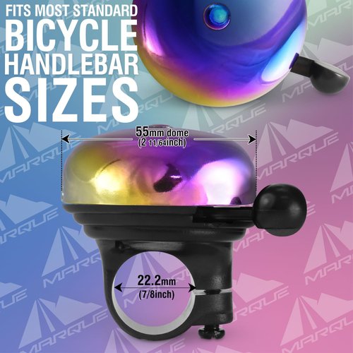MARQUE Bike Bell for Adults & Kids – Nice, Loud, Crisp Ding Sound Bicycle Bell–Must Have Bicycle Accessories for Mountain MTB, Beach Cruiser, Commuter, Kids Bike–Easy Install on Handlebar (Oil Slick)