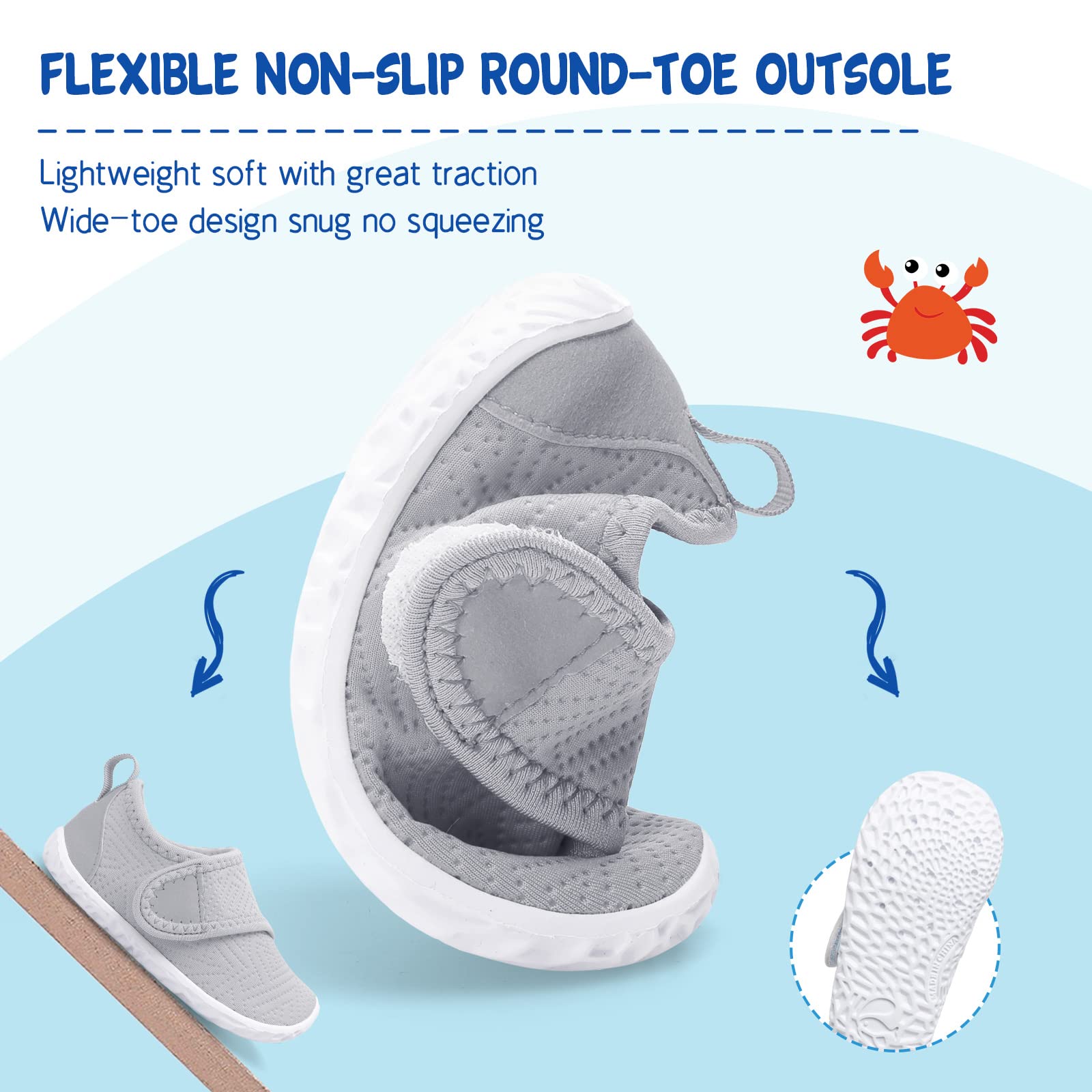 LeIsfIt Toddler Water Shoes Boys Girls Barefoot Aqua Socks Kids Breathable Quick-Dry Swim Shoes for Beach Pool Surf, Grey, 5 Toddler
