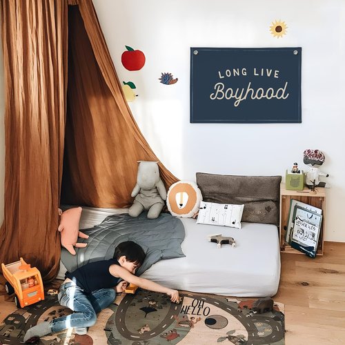 Long Live Boyhood Banner by Navy Blue Decor - Stylish Wall Hanging for Boys' Room | 30x20 Linen Flag