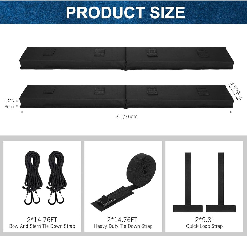 Skiennix Universal Soft Roof Rack Pads - Kayak Carrier & Surfboard Racks with 15ft Tie Down Straps | Black