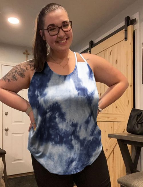 FOREYOND Women's Plus Size Workout Tank Tops Racerback Loose Fit Sport Athletic Tops Yoga Running Summer Shirts, Blue Tie Dye, 1XL