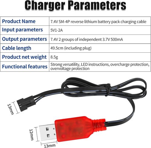 Crazepony 7.4V Li-Ion 600mAh Rechargeable Battery - SM-4P Plug & Charger Cable for RC Vehicles | 2 Pack