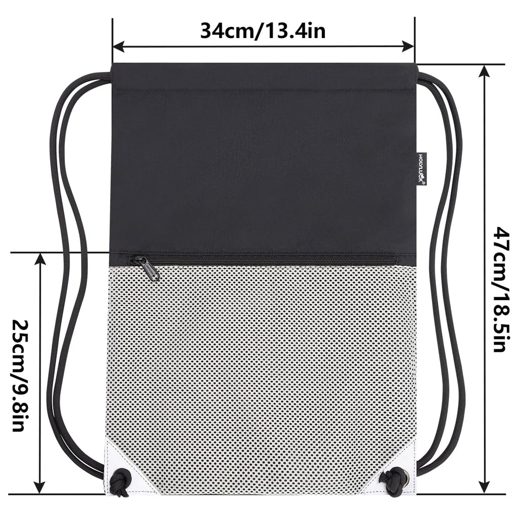 HOLYLUCK Drawstring Backpack Gym Sports Bag with Front mesh zipper Pocket 18.6" L x 13.5" W Cinch Sack String Sackpack For Men Women (black and grey)