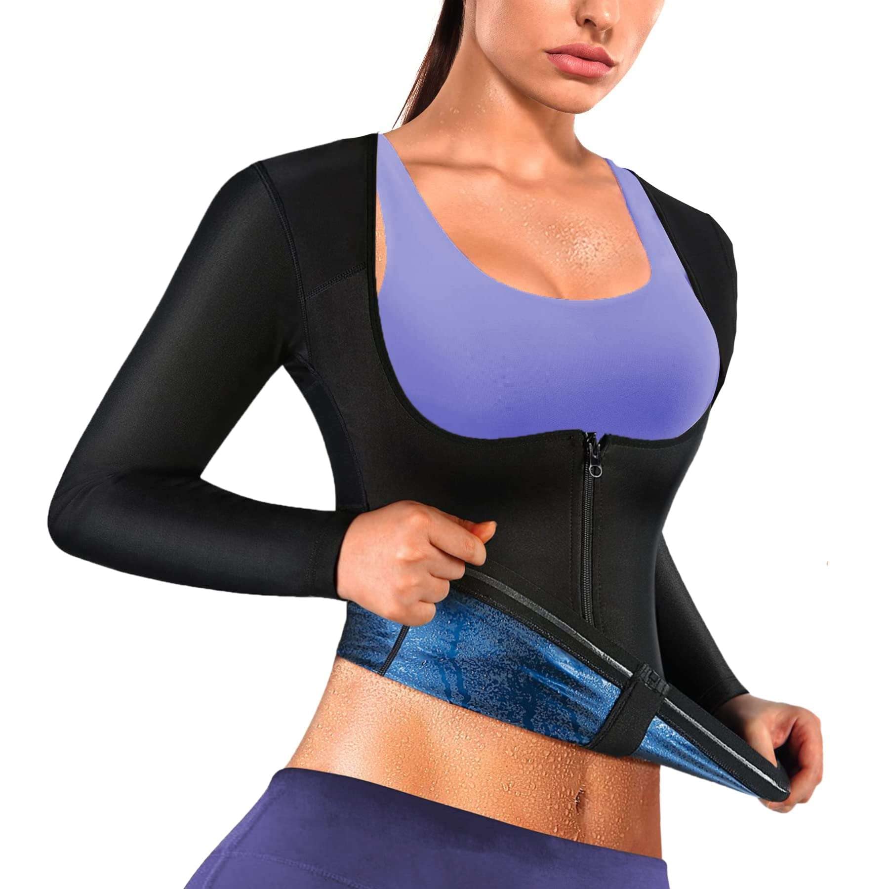 Sauna Suit Shirt for Women Sweat Vest Waist Trainer Long Sleeve Workout Thermal Top Zipper Long Sleeve L