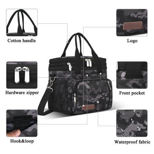 MIYCOO Lunch Bag & Lunch Box for Men Women, Double Deck Leakproof Insulated Soft Large Adult Camping Cooler bag for Work, Beach, Picnic, Travel (Black Camo, 15L)