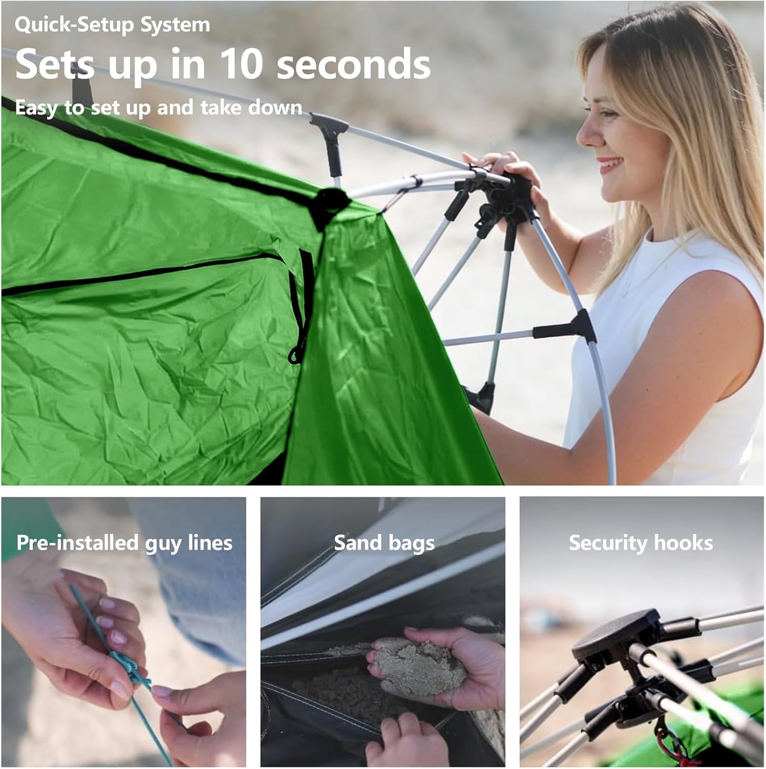 Three Bears Pop Up Beach Tent - Lightweight UV Protection Shelter for 3-4 People | Easy Setup, Green