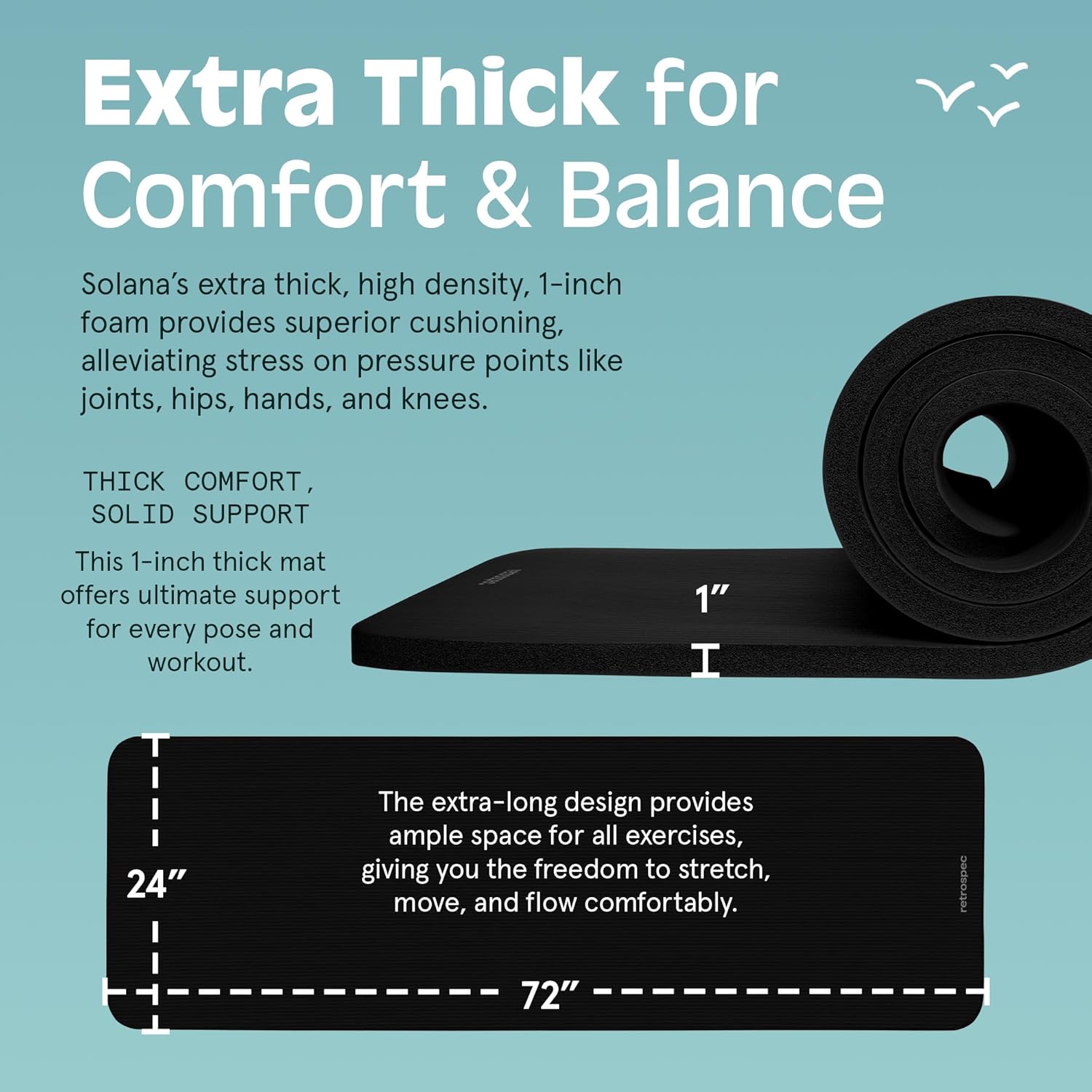 Retrospec Solana Yoga Mat - 1" Thick Non-Slip Exercise Mat with Nylon Strap for Home Workouts