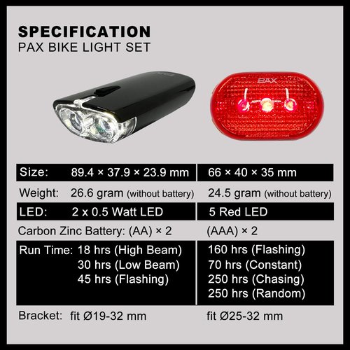 PAX Bike Lights, Super Bright LED Light Set, Bicycle Front Light and Rear Light, Water Resistant, Multi Light Mode, Easy to Install for Mountain Bike, Road Bike and Others