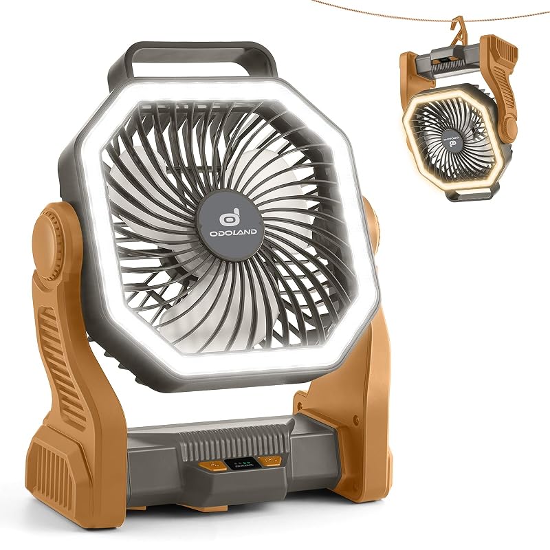 Odoland Portable Rechargeable Fan with 20000mAh Battery & LED Lantern - Brown