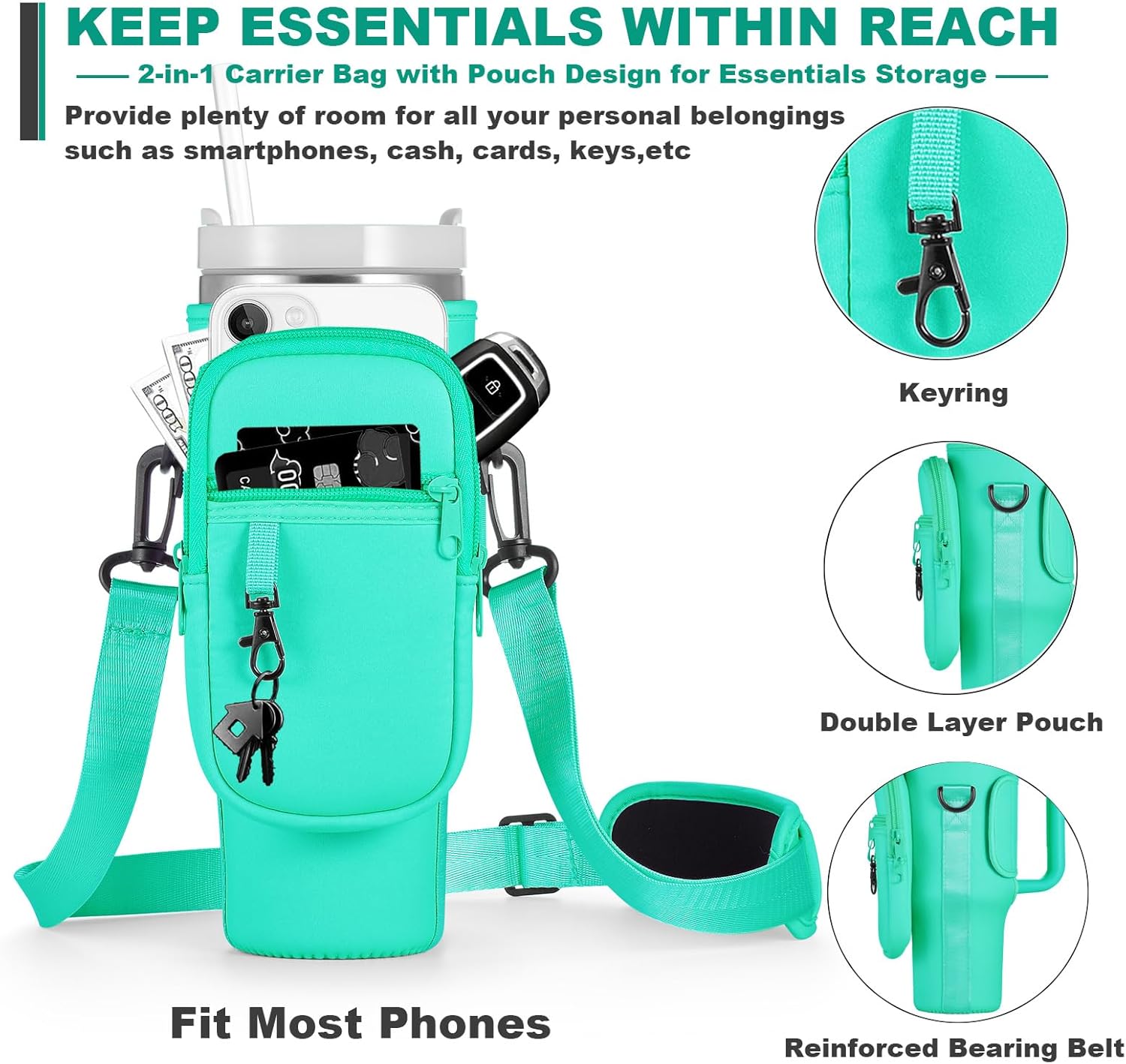 Stanley Water Bottle Carrier Bag - Insulated Neoprene Holder with Phone Pocket | Adjustable Strap, Pink