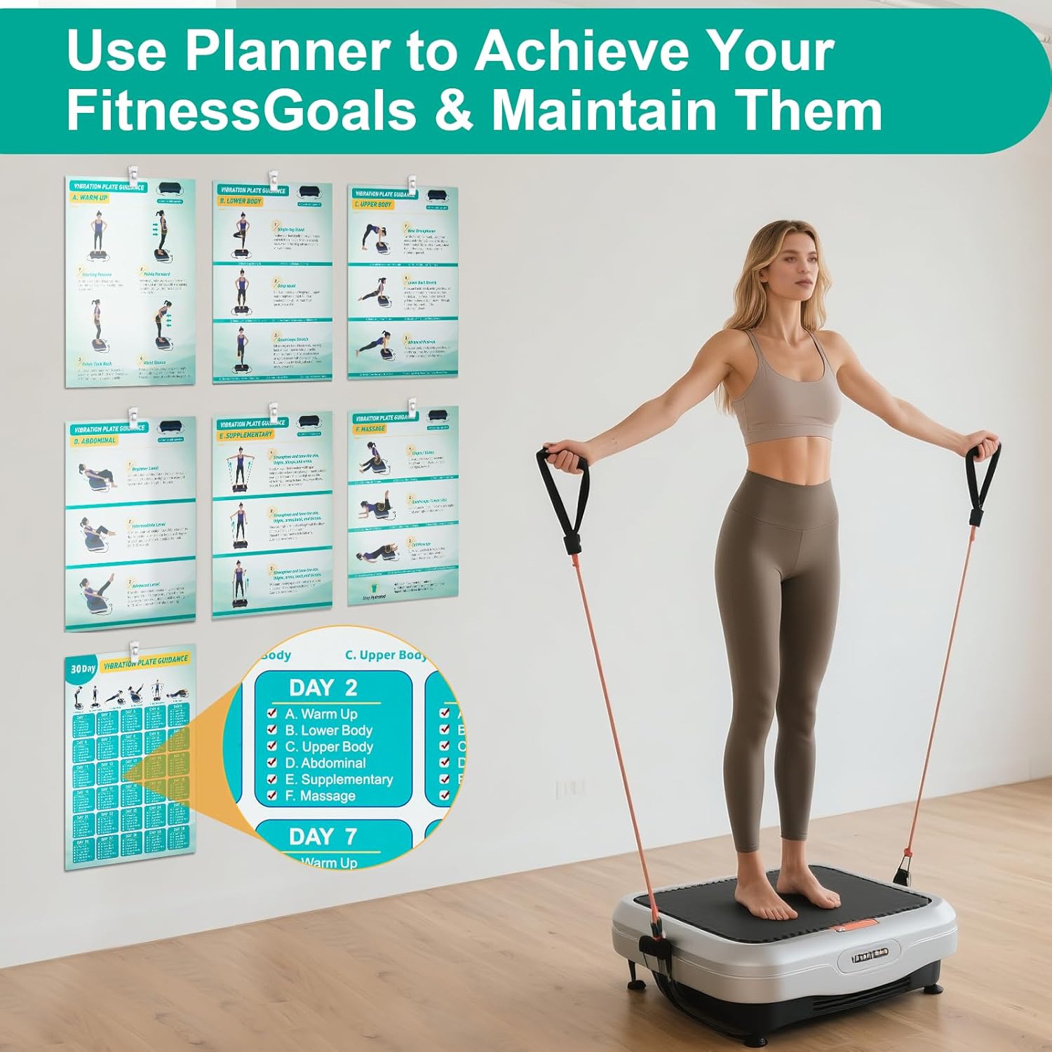 Skiennix Vibration Plate Exercise Machine Poster - Upgraded 6 Workout Guides & 10 Double-Sided Clips