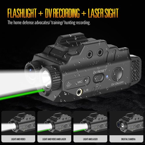Defentac 500 Lumens Pistol Light Laser Combo with HD 1080P Camera is Compatible with Picatinny Rail, Rechargeable Tactical Flashlight and Green Laser Sight with Strobe/Momentary