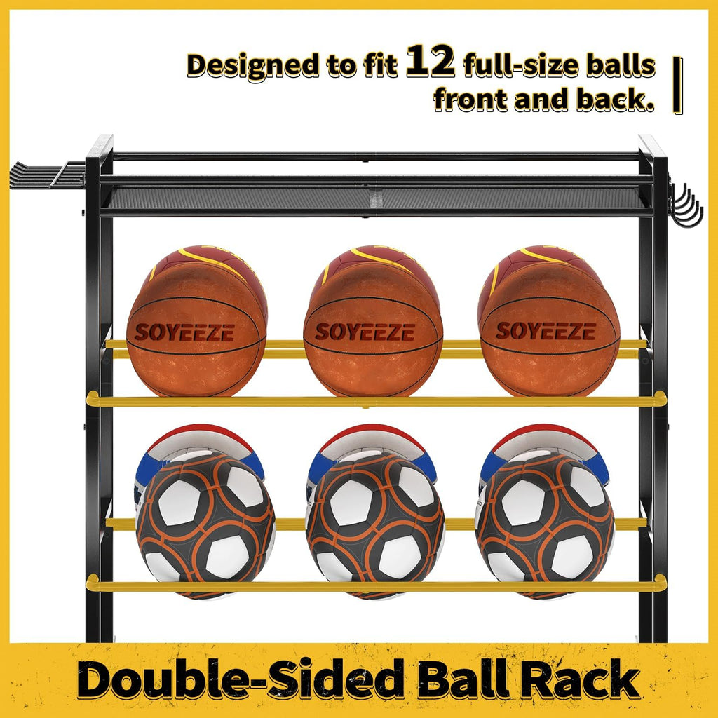 SOYEEZE Sports Equipment Organizer - 4-Tier Ball Storage Rack for Garage & Outdoor Toys | Mobile Cart with Hooks