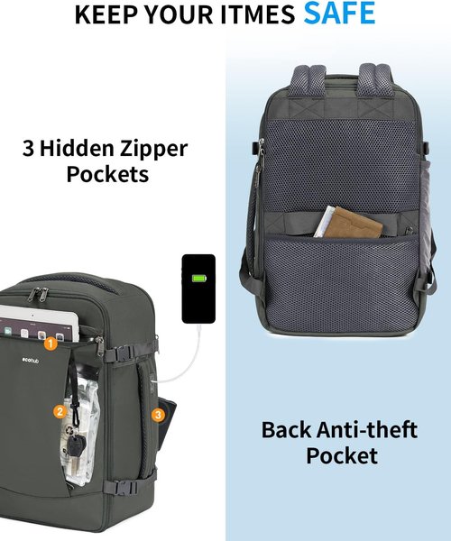 ECOHUB Travel Backpack - 15.6 Inch Laptop Bag with USB Charging & Anti-Theft Pockets | 30L, Grey Green
